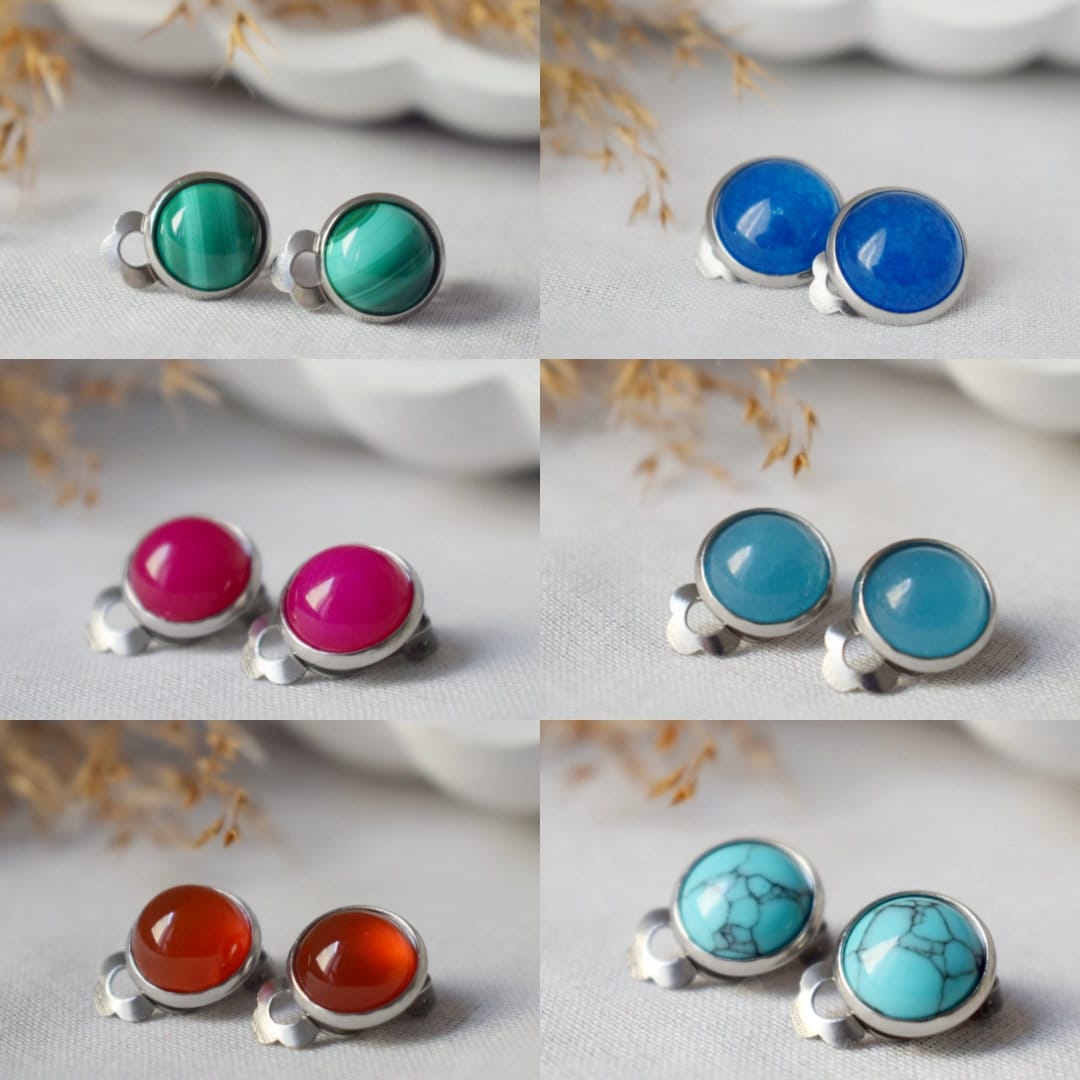Ohrclips Jade Türkis, Nicht durchbohrte Edelstein Ohrclips für Frauen, Chirurgenstahl, Kein Loch, Handgefertigter Schmuck, Geschenk für Sie