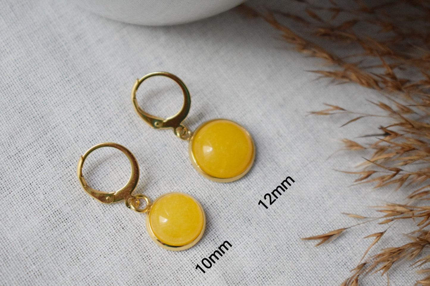 Yellow Jade Earrings: 24k Gold Plated Huggie Hoops, Gemstone Dangle, Christmas Jewellery Gift