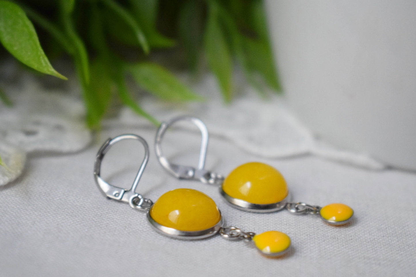 Yellow jade earrings, Yellow silver color huggies, Gemstone drop and dangle earrings, Boho, Yellow enamel pendant, Jewelry gift for women