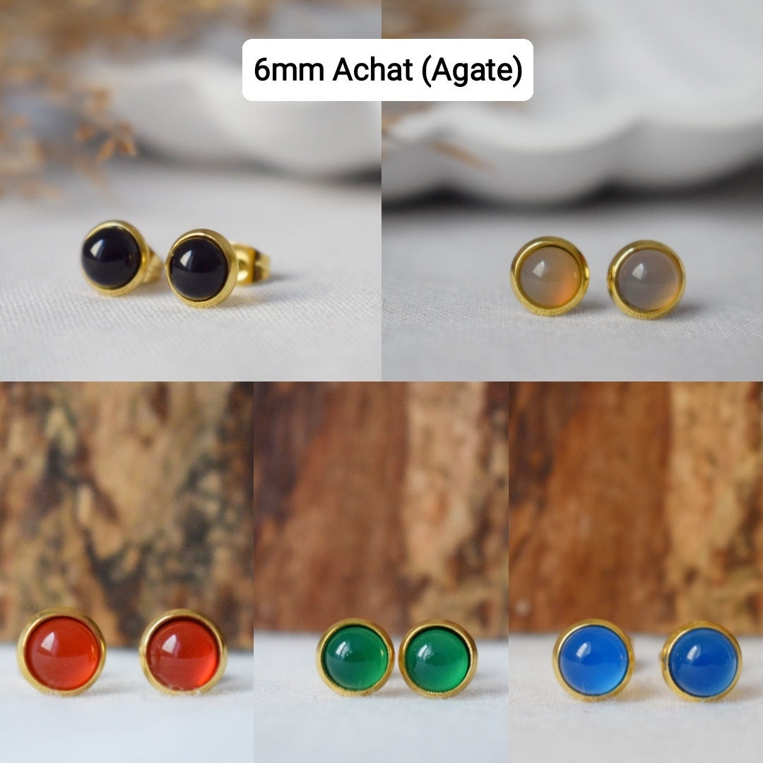 Mini Blaue Achat Ohrstecker, 6mm Gold Ohrstecker, Kleine runde Edelstein Ohrringe, Minimalistischer Achat Geburtsstein Schmuck, Geschenk für Sie
