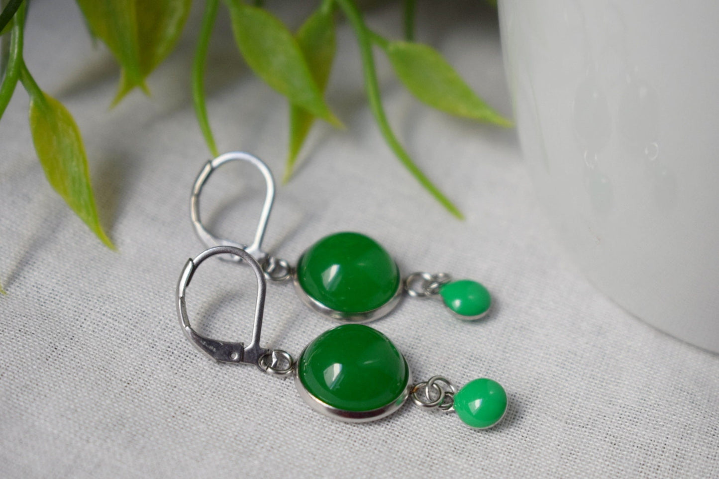 Green jade earrings, Gemstone huggies, Enamel pendant earrings, Boho dangle drop earrings, Jewelry Gift for her