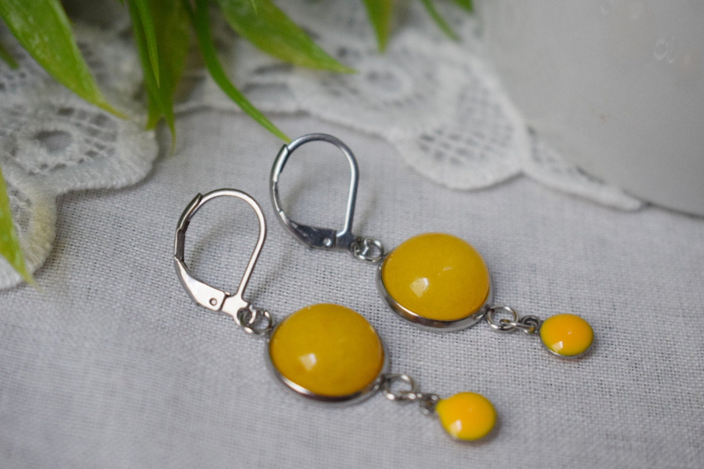 Yellow jade earrings, Yellow silver color huggies, Gemstone drop and dangle earrings, Boho, Yellow enamel pendant, Jewelry gift for women