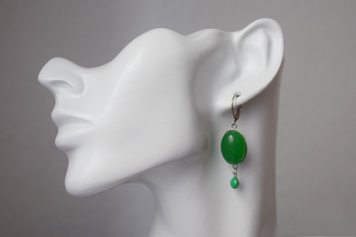 Green jade dangle earrings, Oval gemstone huggie hoops, Enamel pendant hanging earrings, Handmade boho jewelry, Best christmas gift for her