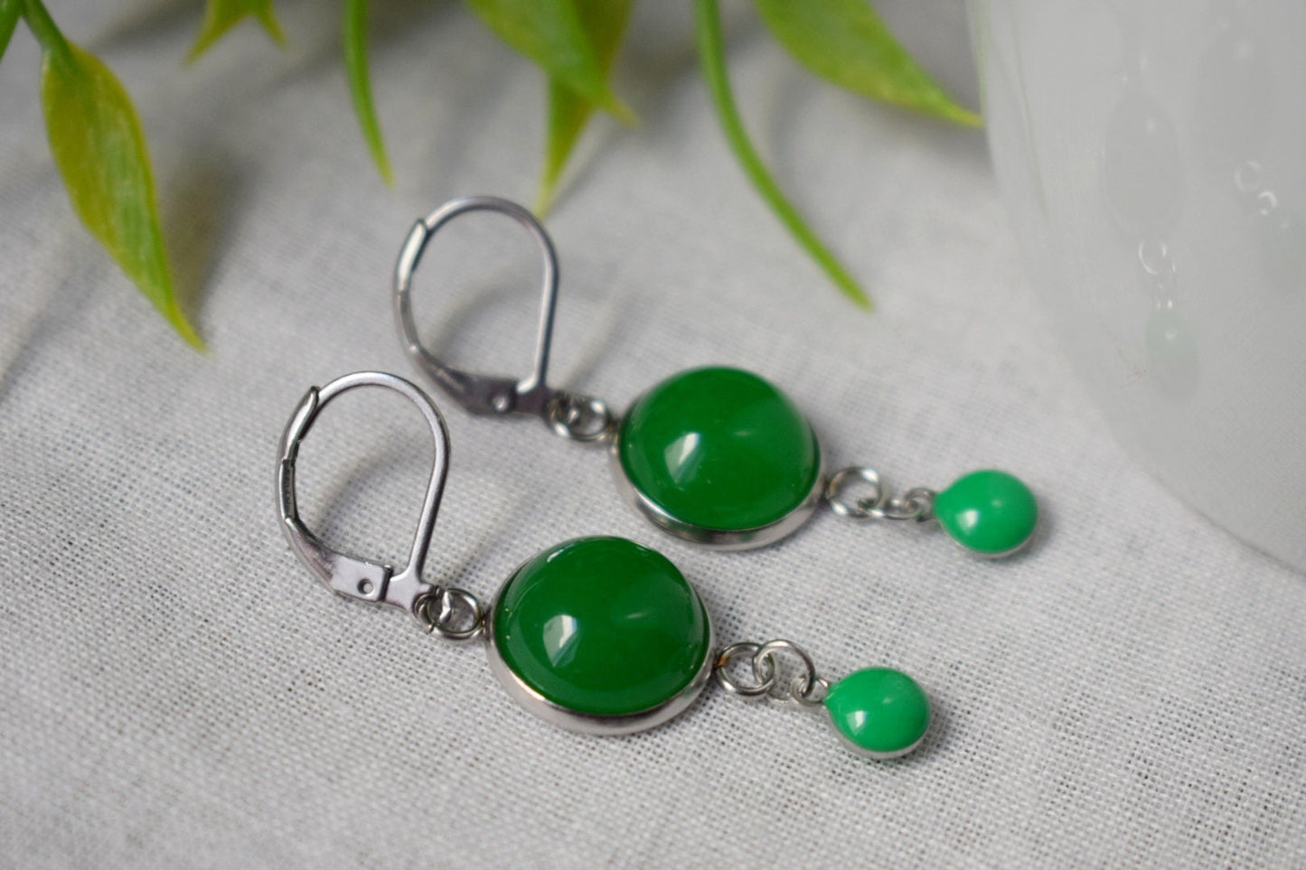 Green jade earrings, Gemstone huggies, Enamel pendant earrings, Boho dangle drop earrings, Jewelry Gift for her