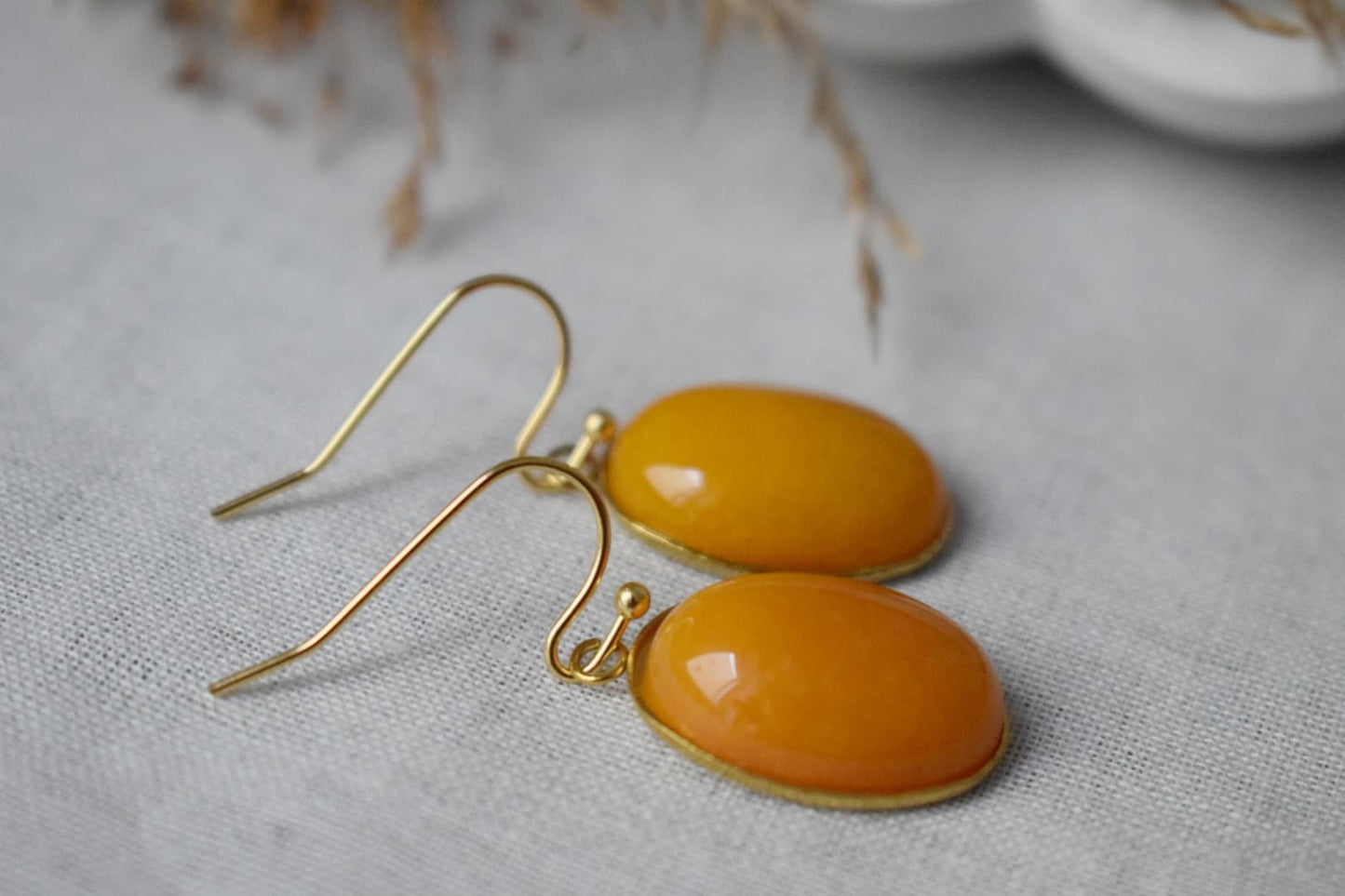 Yellow Jade Earrings Gold, Oval Gemstone Hanging Earrings, Dark Yellow Pendant, Dangle Drop Stone Earrings For Women, Jade Jewelry, Gift For Her