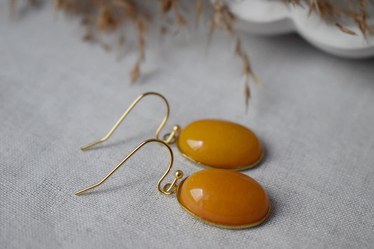 Yellow Jade Earrings Gold, Oval Gemstone Hanging Earrings, Dark Yellow Pendant, Dangle Drop Stone Earrings For Women, Jade Jewelry, Gift For Her