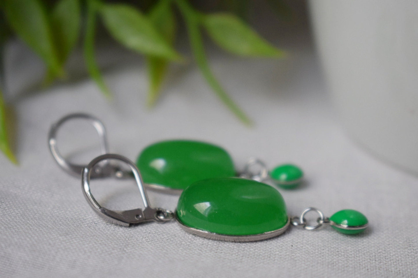 Green jade dangle earrings, Oval gemstone huggie hoops, Enamel pendant hanging earrings, Handmade boho jewelry, Best christmas gift for her