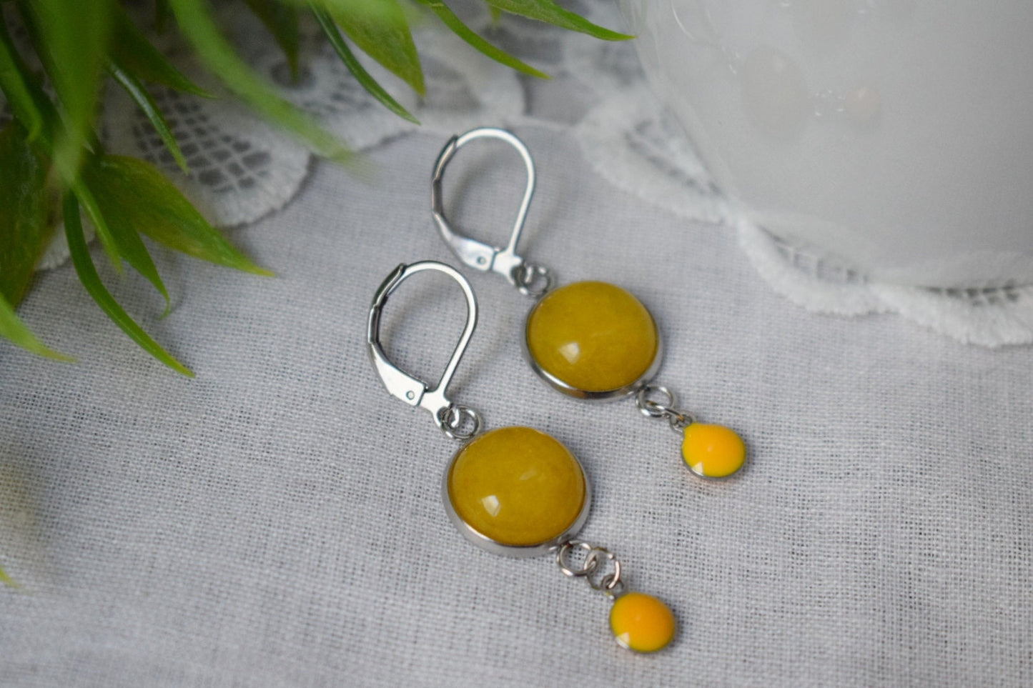 Yellow jade earrings, Yellow silver color huggies, Gemstone drop and dangle earrings, Boho, Yellow enamel pendant, Jewelry gift for women
