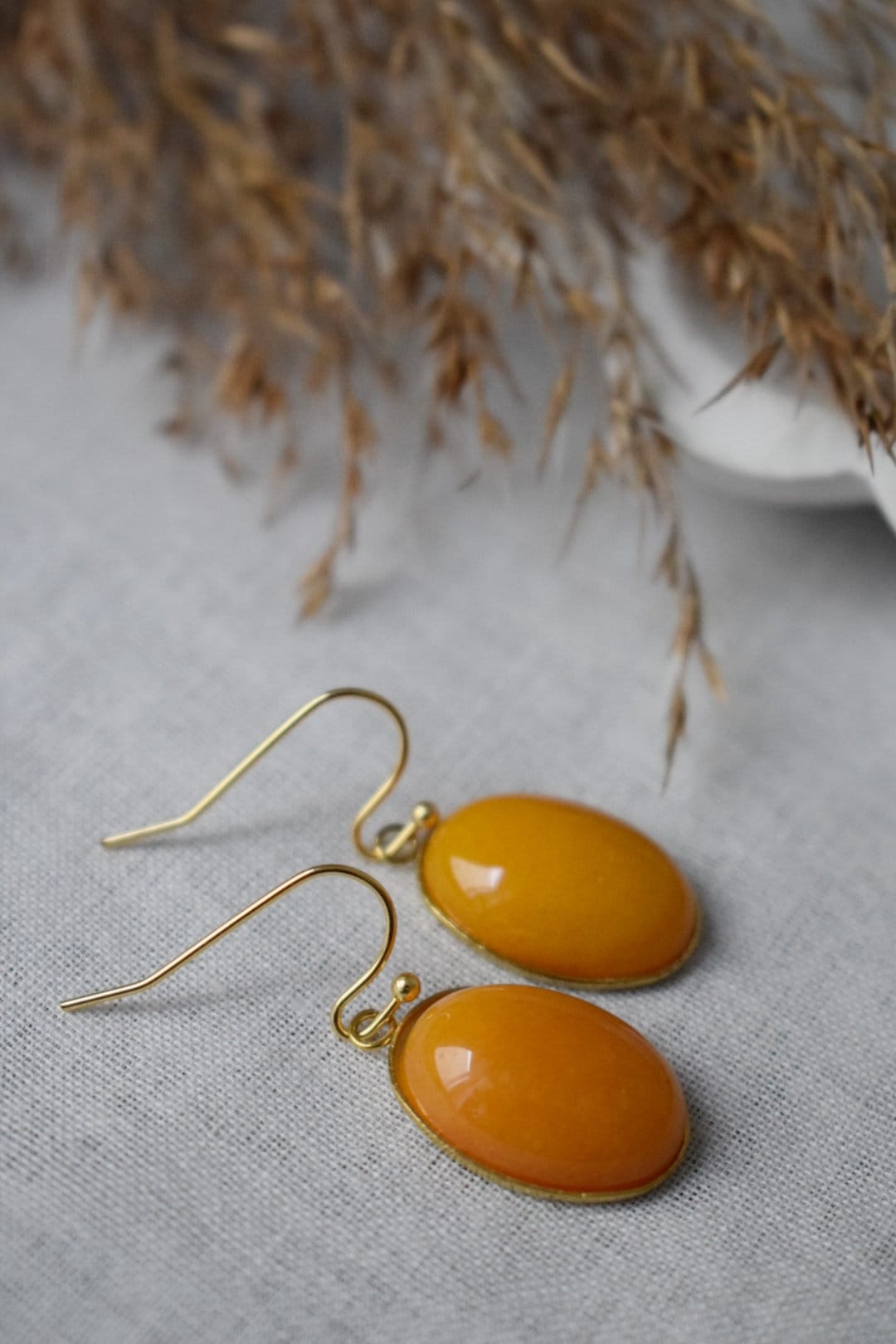 Yellow Jade Earrings Gold, Oval Gemstone Hanging Earrings, Dark Yellow Pendant, Dangle Drop Stone Earrings For Women, Jade Jewelry, Gift For Her