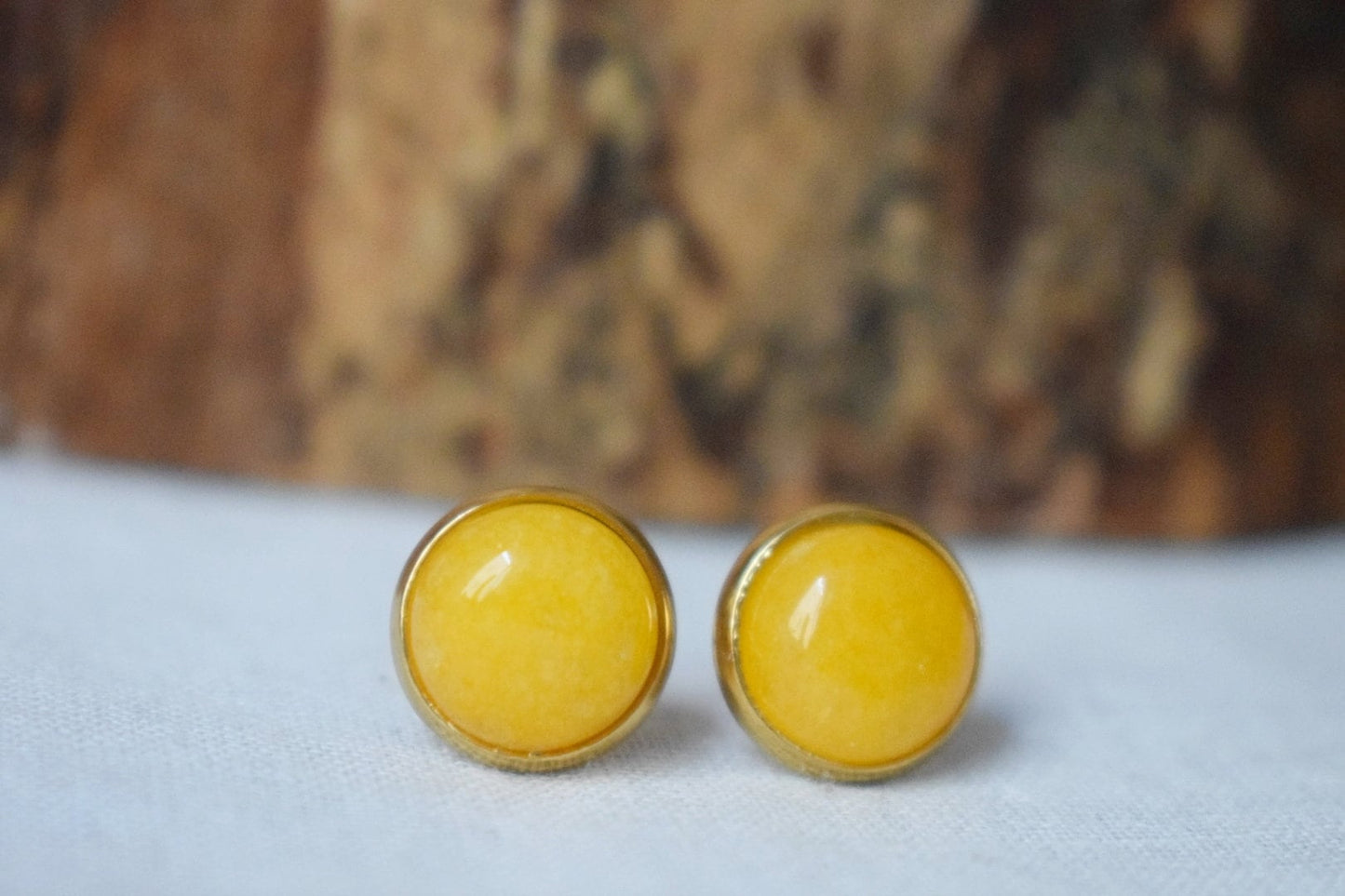 Yellow jade stud earrings, 18k gold plated stainless steel, 10mm Jade jewelry, Birthstone, Handmade jewelry, Christmas gift for her