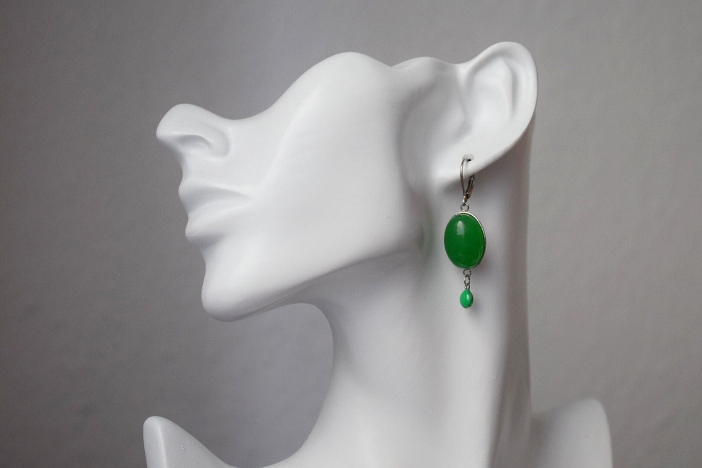 Green jade dangle earrings, Oval gemstone huggie hoops, Enamel pendant hanging earrings, Handmade boho jewelry, Best christmas gift for her