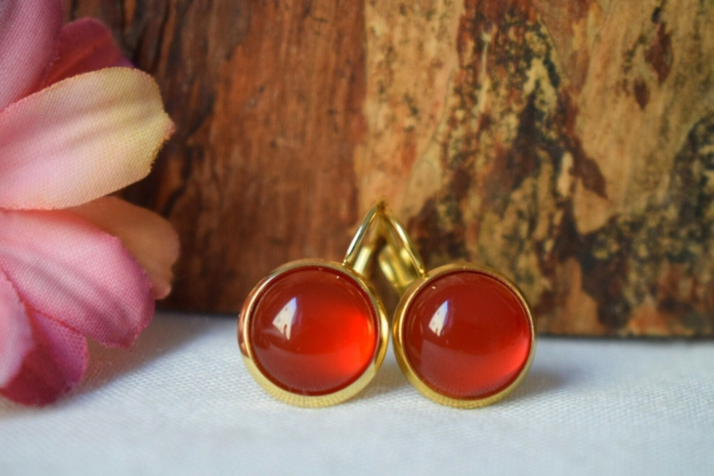 Karneol Ohrringe, Edelstein Ohrringe, Rot orange Naturstein, Handgemachter 18k vergoldeter Schmuck, Valentinstag Geschenk für Sie