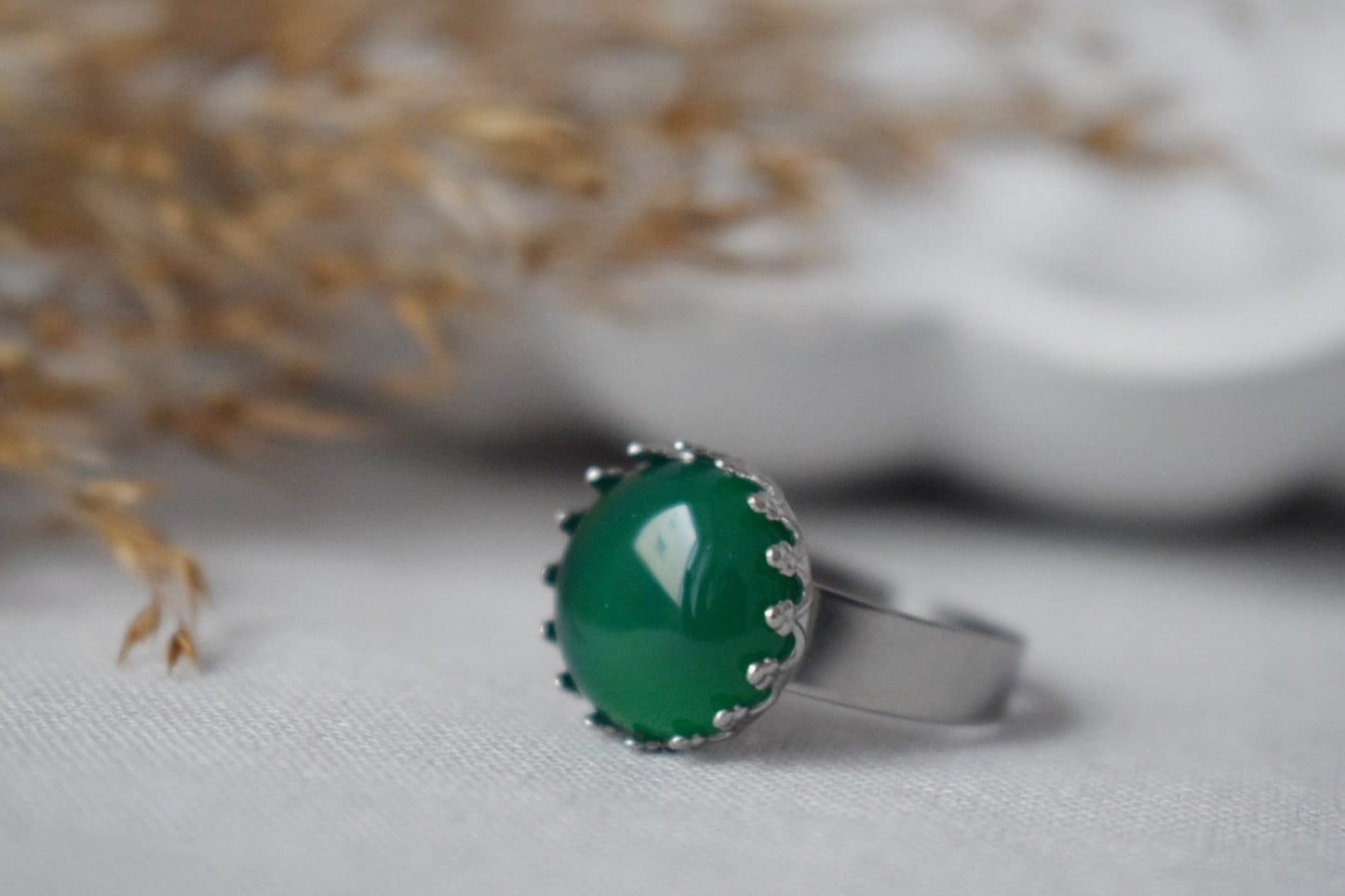 Krone Grüner Achat Ring, Edelstein Verstellbarer Ring, Alltäglicher runder Stein Ring, Einzigartiger Schmuck, Geschenk für Sie