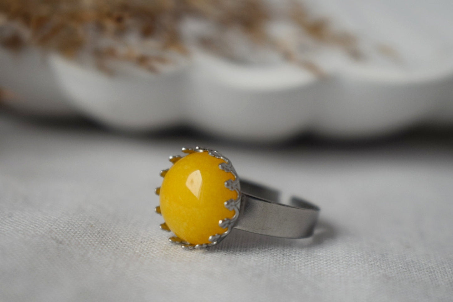 Yellow jade ring, Crown ring, Gemstone, Statement ring, Everyday yellow round ring, Adjustable stone ring, Yellow Jade jewelry, Gift for her