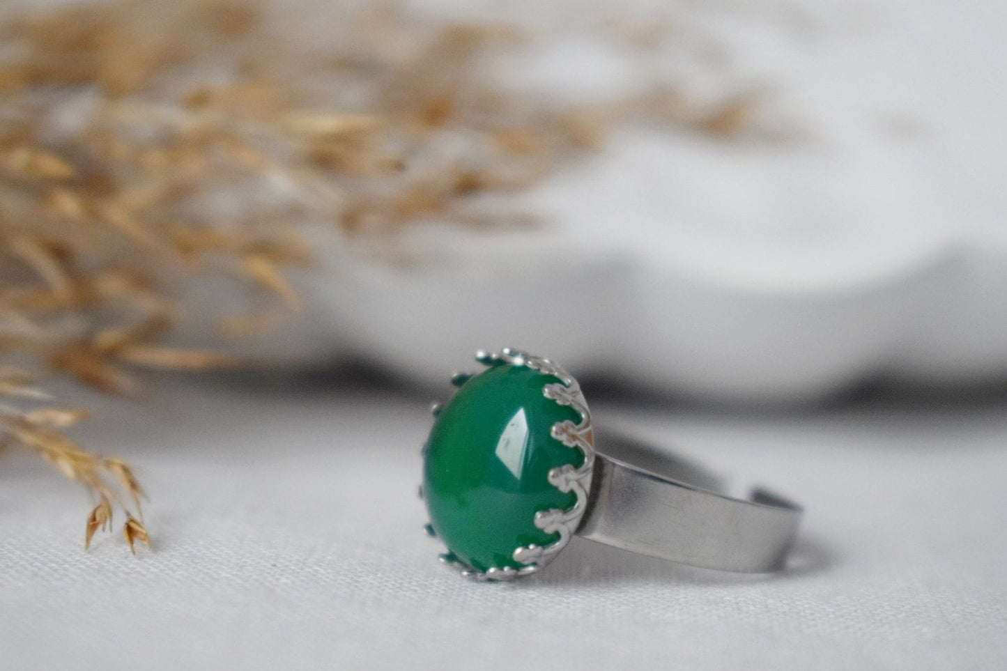 Krone Grüner Achat Ring, Edelstein Verstellbarer Ring, Alltäglicher runder Stein Ring, Einzigartiger Schmuck, Geschenk für Sie