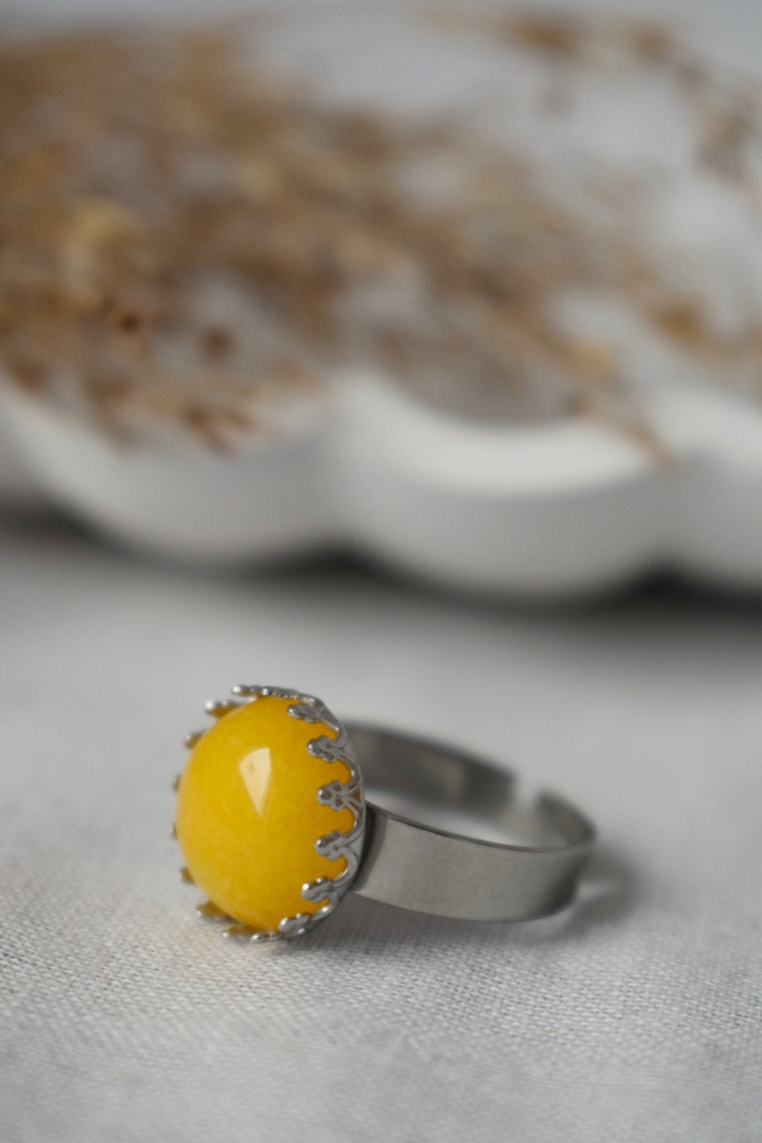 Yellow jade ring, Crown ring, Gemstone, Statement ring, Everyday yellow round ring, Adjustable stone ring, Yellow Jade jewelry, Gift for her