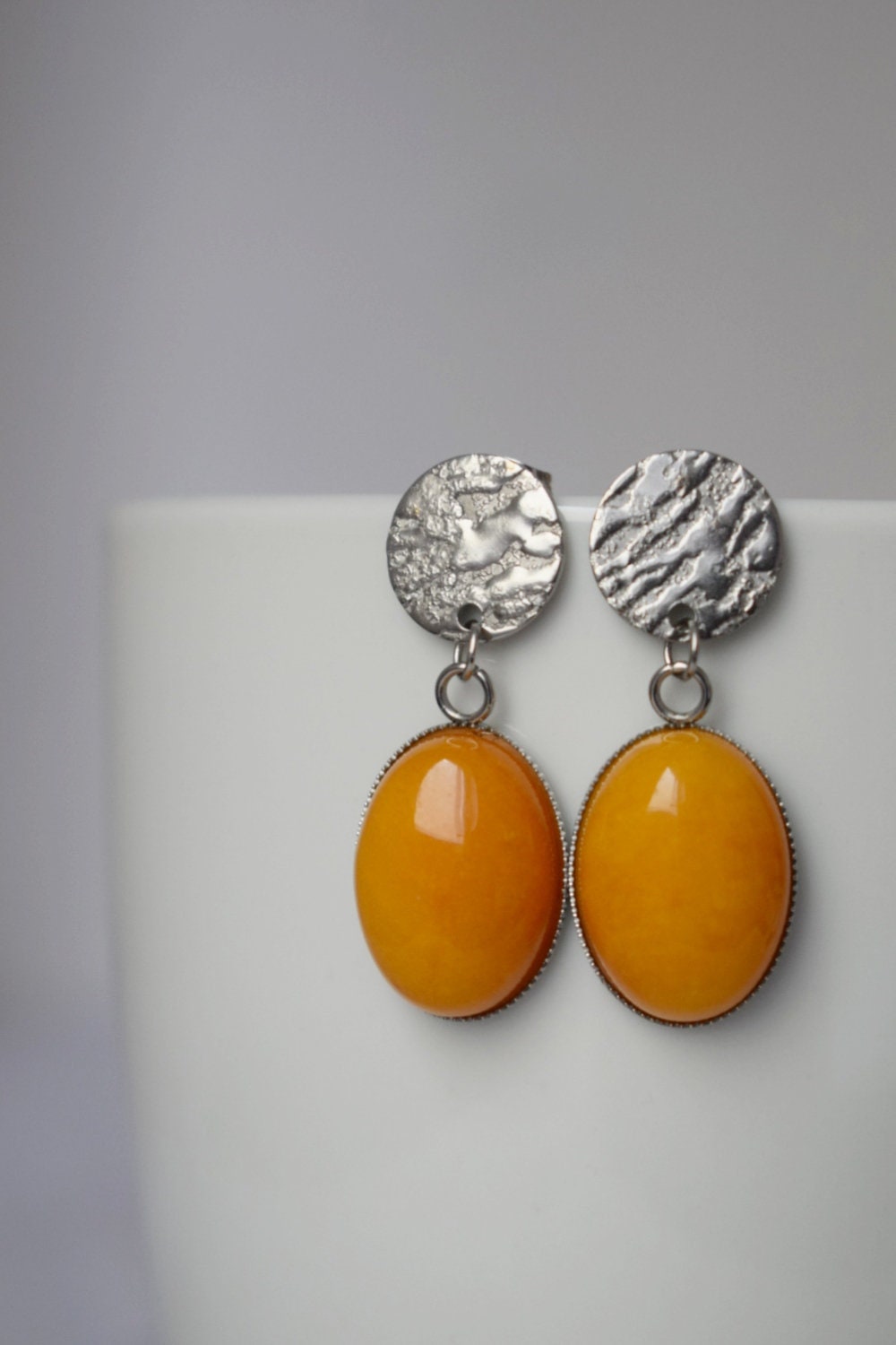 Yellow jade stud earrings, Oval gemstone hanging earrings, Yellow silver earrings, Stainless steel, Statement earrings, Jewelry gift for her