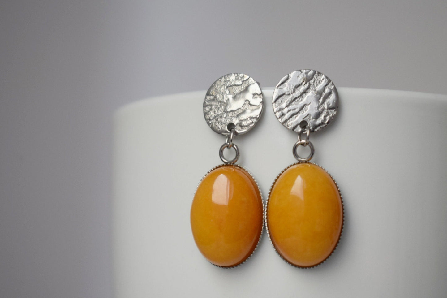 Yellow jade stud earrings, Oval gemstone hanging earrings, Yellow silver earrings, Stainless steel, Statement earrings, Jewelry gift for her