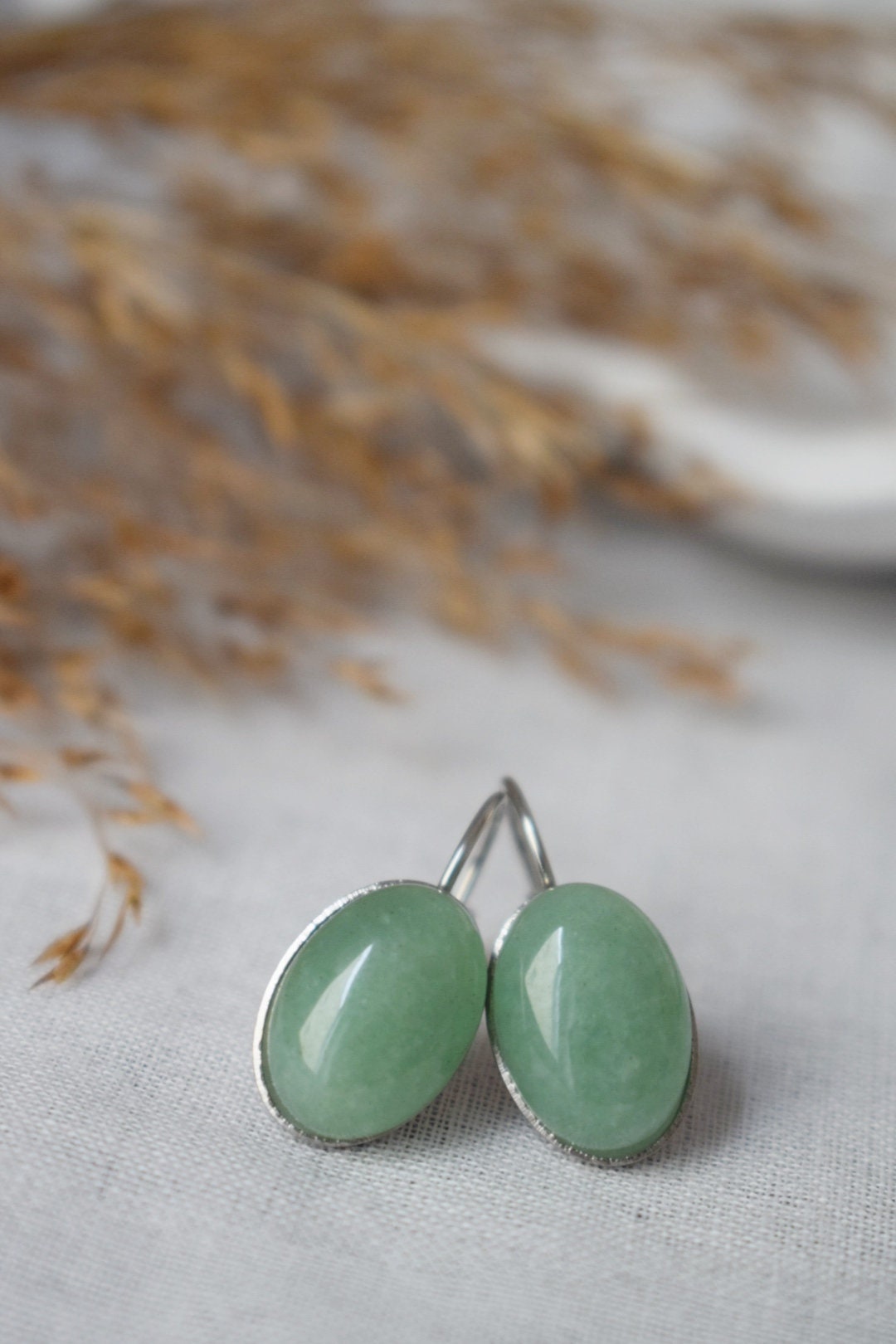 Grüne Aventurin Ohrringe, Ovale Edelstein Ohrringe, Stein Ohrringe, Edelstahl, Chakra Schmuck, Geschenk für Sie