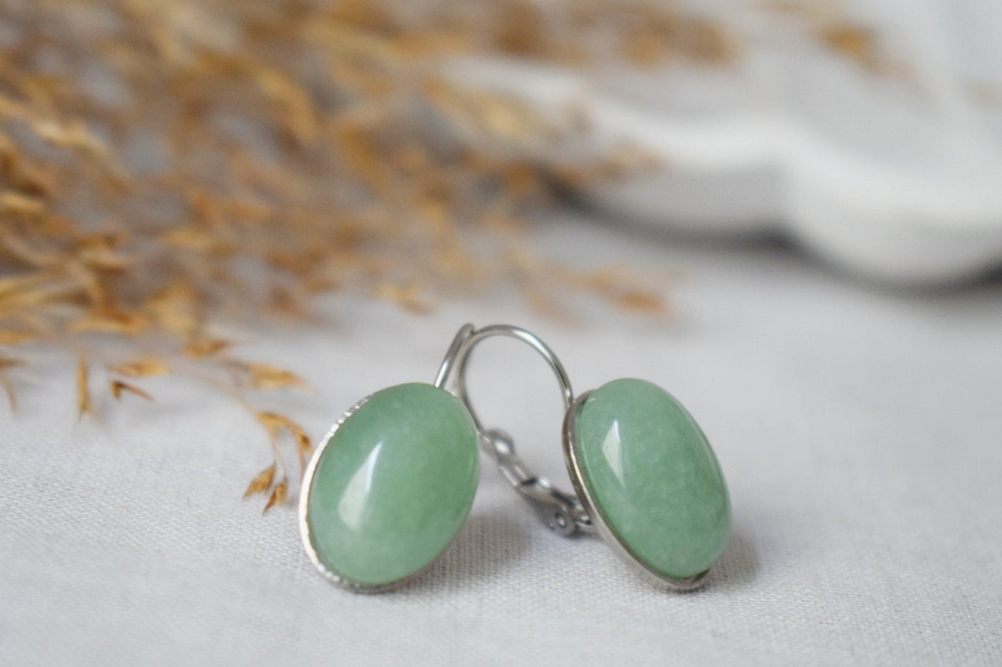 Grüne Aventurin Ohrringe, Ovale Edelstein Ohrringe, Stein Ohrringe, Edelstahl, Chakra Schmuck, Geschenk für Sie