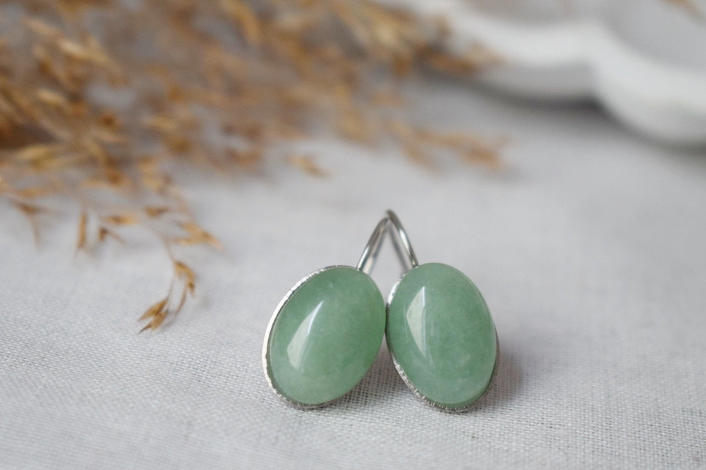 Grüne Aventurin Ohrringe, Ovale Edelstein Ohrringe, Stein Ohrringe, Edelstahl, Chakra Schmuck, Geschenk für Sie