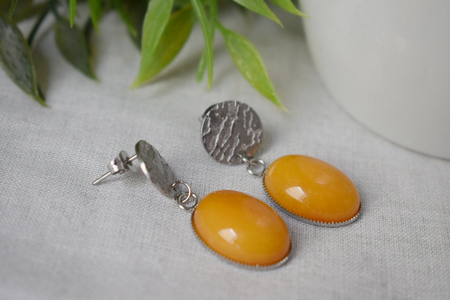 Yellow jade stud earrings, Oval gemstone hanging earrings, Yellow silver earrings, Stainless steel, Statement earrings, Jewelry gift for her