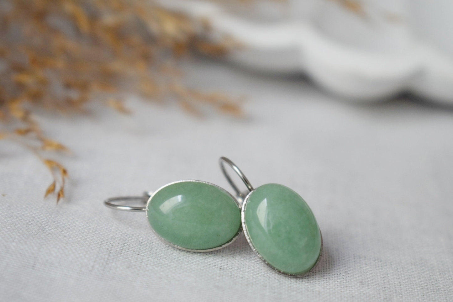 Grüne Aventurin Ohrringe, Ovale Edelstein Ohrringe, Stein Ohrringe, Edelstahl, Chakra Schmuck, Geschenk für Sie