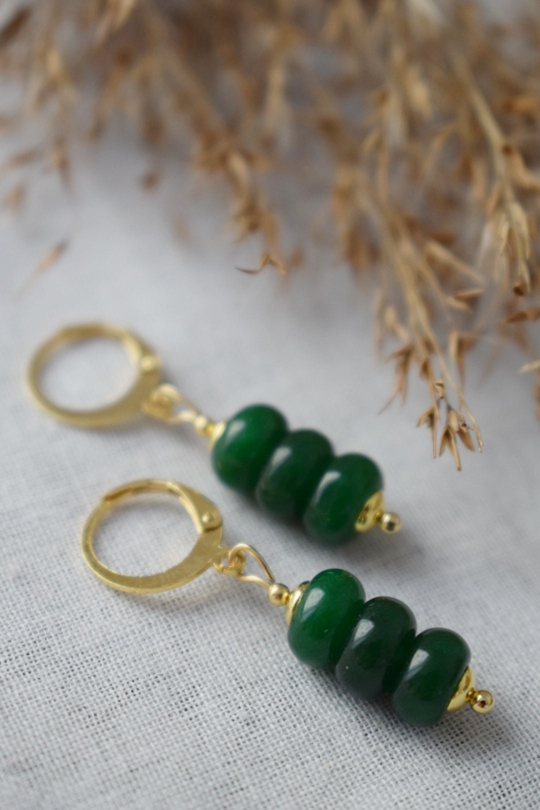 Green jade earrings gold for women, Gemstone huggie earrings, Dainty small jade drop earrings, Green stone earrings, Handmade jade jewelry