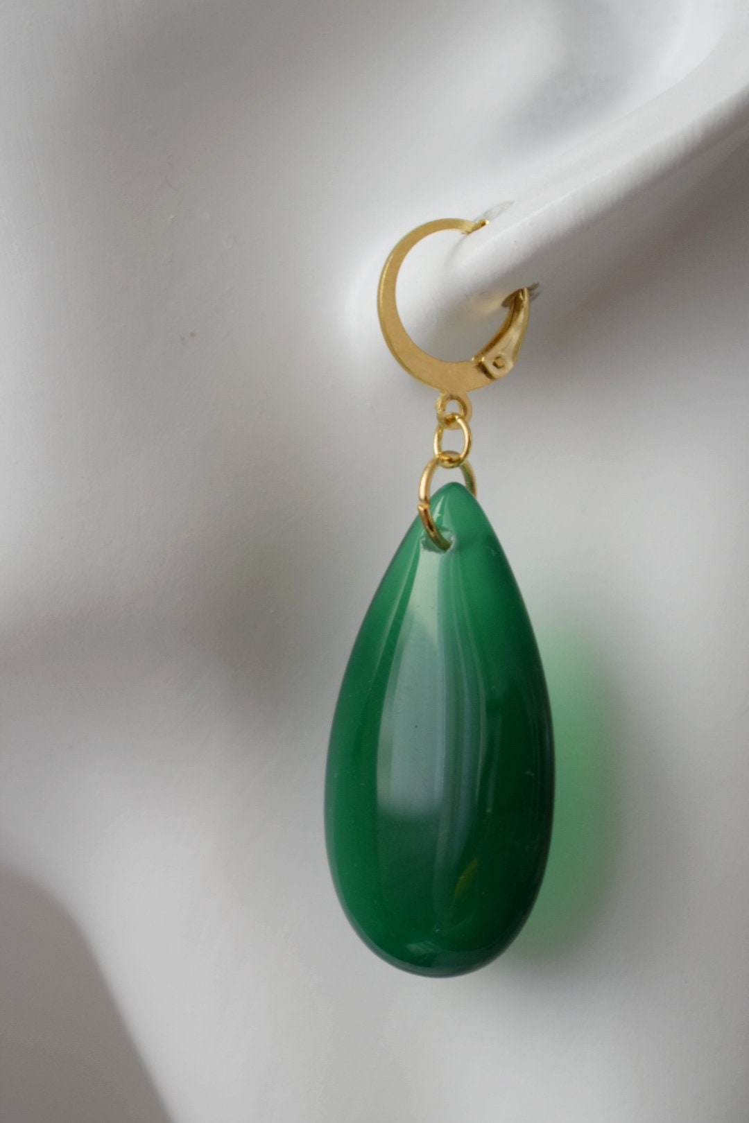 Natural green agate earrings, Long teardrop gemstone earrings, 24k gold plated hoops, Handmade jewelry gift for her