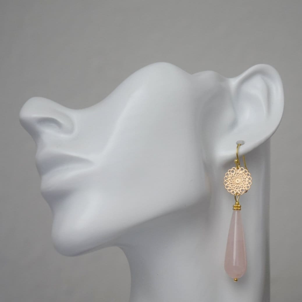 Natürliche Rosenquarz Ohrringe Gold, Lange Tropfen Ohrringe, Mandala, Edelstein Tropfen Ohrringe, Hochzeit Ohrringe, Rosenquarz Schmuck