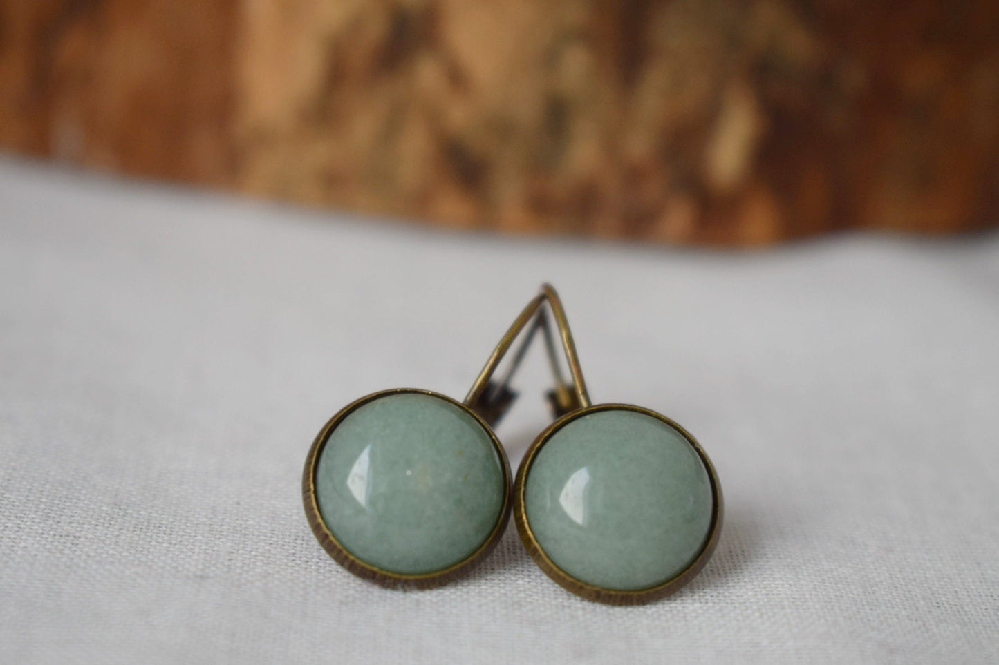 Grüne Aventurin-Vintage-Ohrringe, Edelstein, rund, grüner Stein, baumelnd, antike Bronze, Hebelverschluss, Aventurin-Schmuck, Hängeohrringe