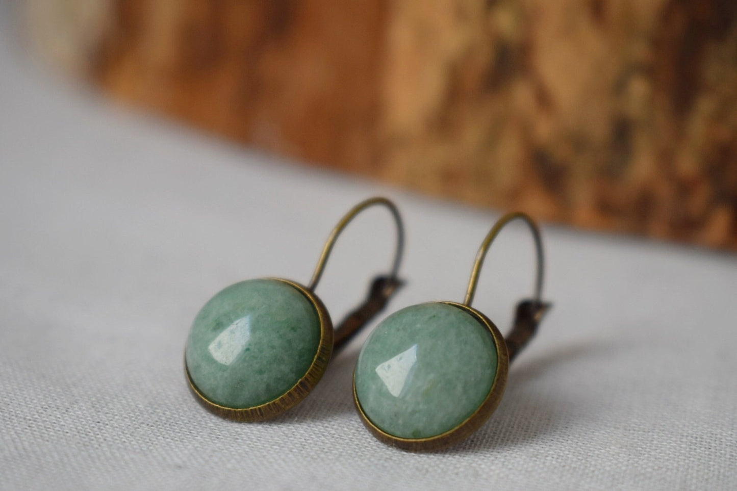 Grüne Aventurin-Vintage-Ohrringe, Edelstein, rund, grüner Stein, baumelnd, antike Bronze, Hebelverschluss, Aventurin-Schmuck, Hängeohrringe