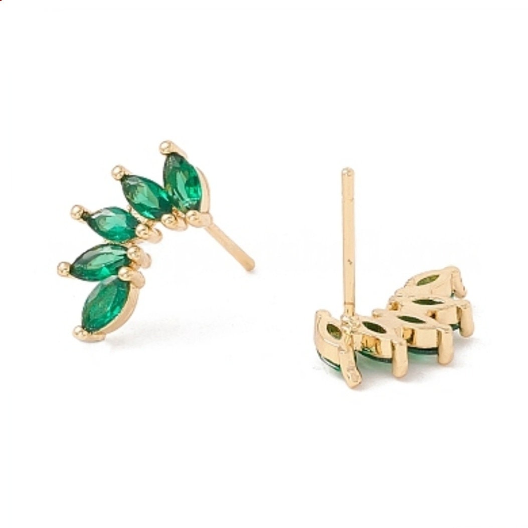 Green Leaf Earrings: 18K Gold Plated Cubic Zirconia Studs Jewelry