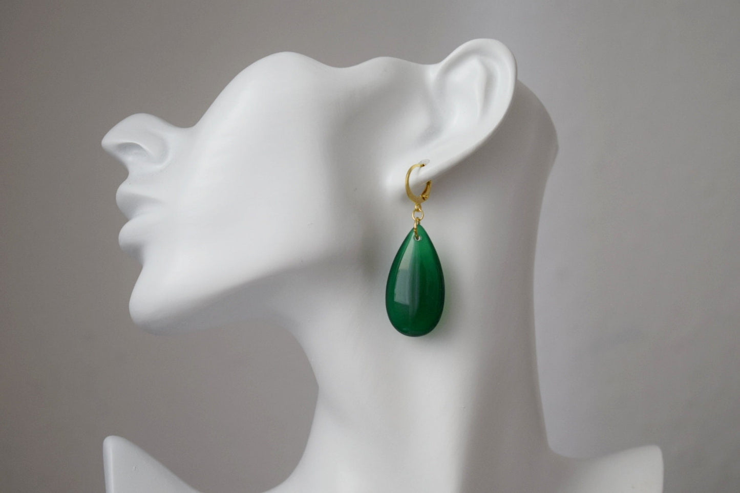 Natural green agate earrings, Long teardrop gemstone earrings, 24k gold plated hoops, Handmade jewelry gift for her