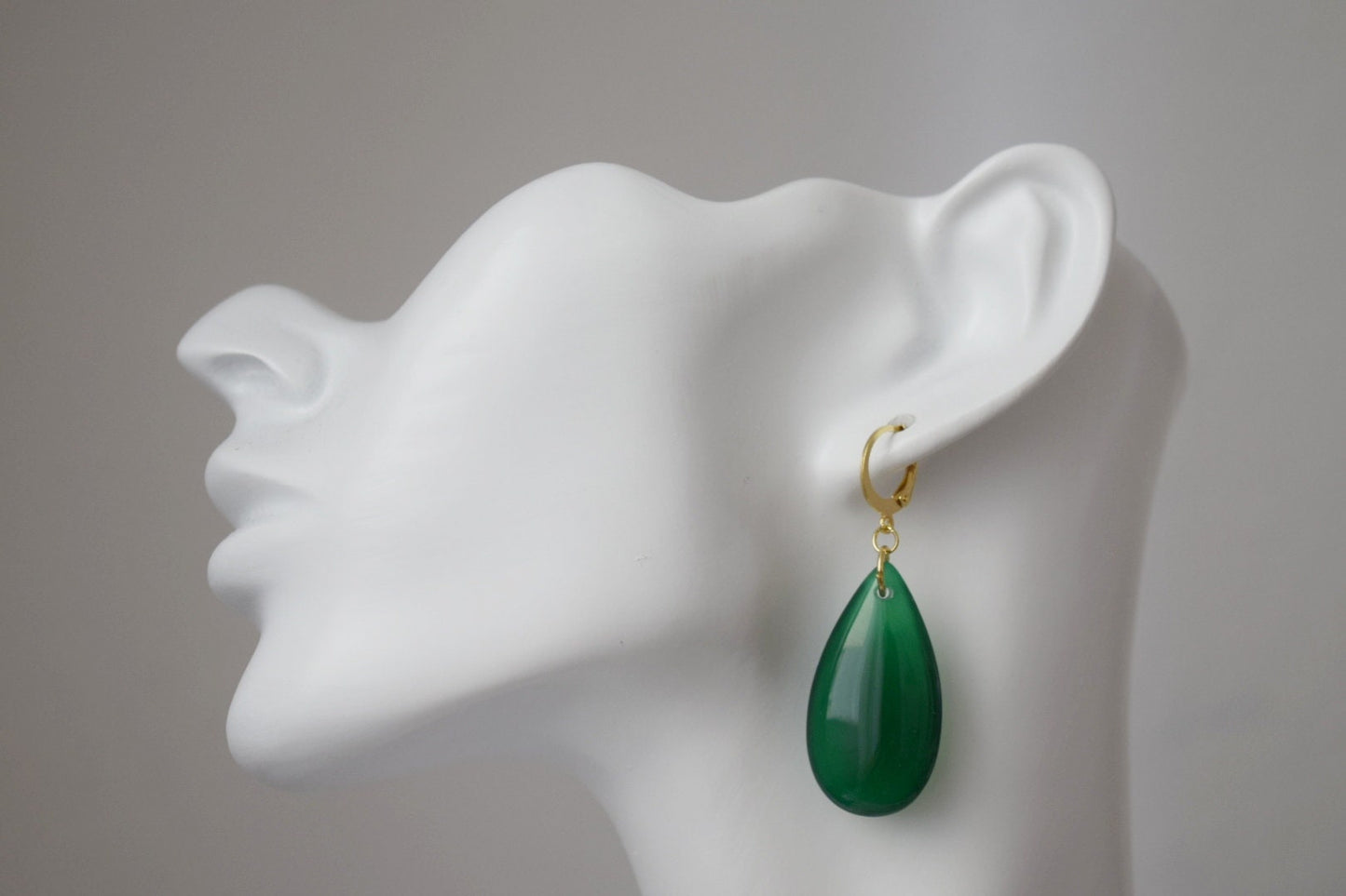 Natural green agate earrings, Long teardrop gemstone earrings, 24k gold plated hoops, Handmade jewelry gift for her