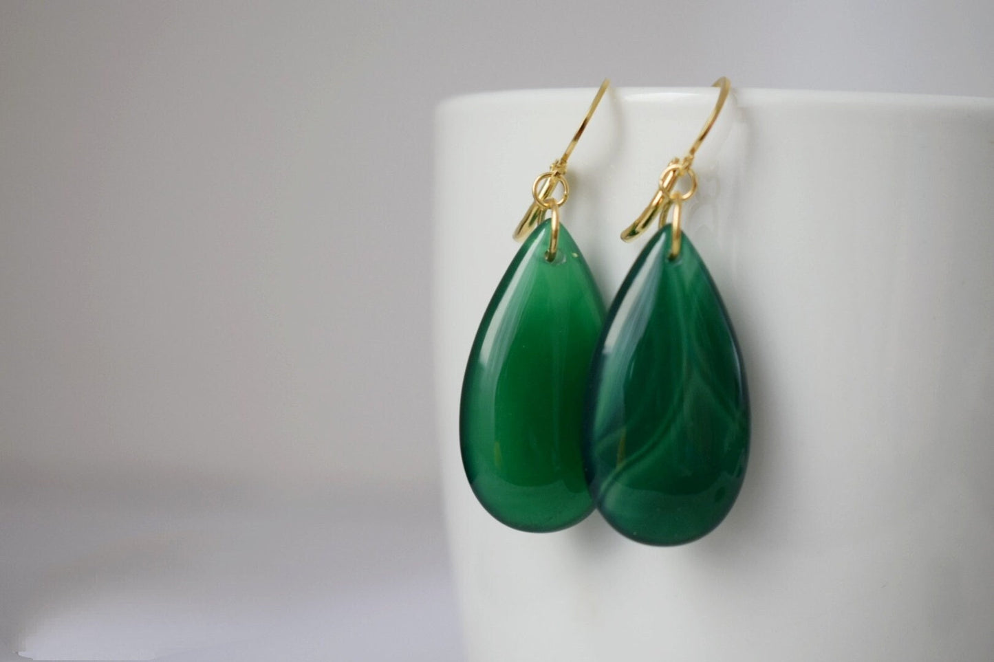 Natural green agate earrings, Long teardrop gemstone earrings, 24k gold plated hoops, Handmade jewelry gift for her