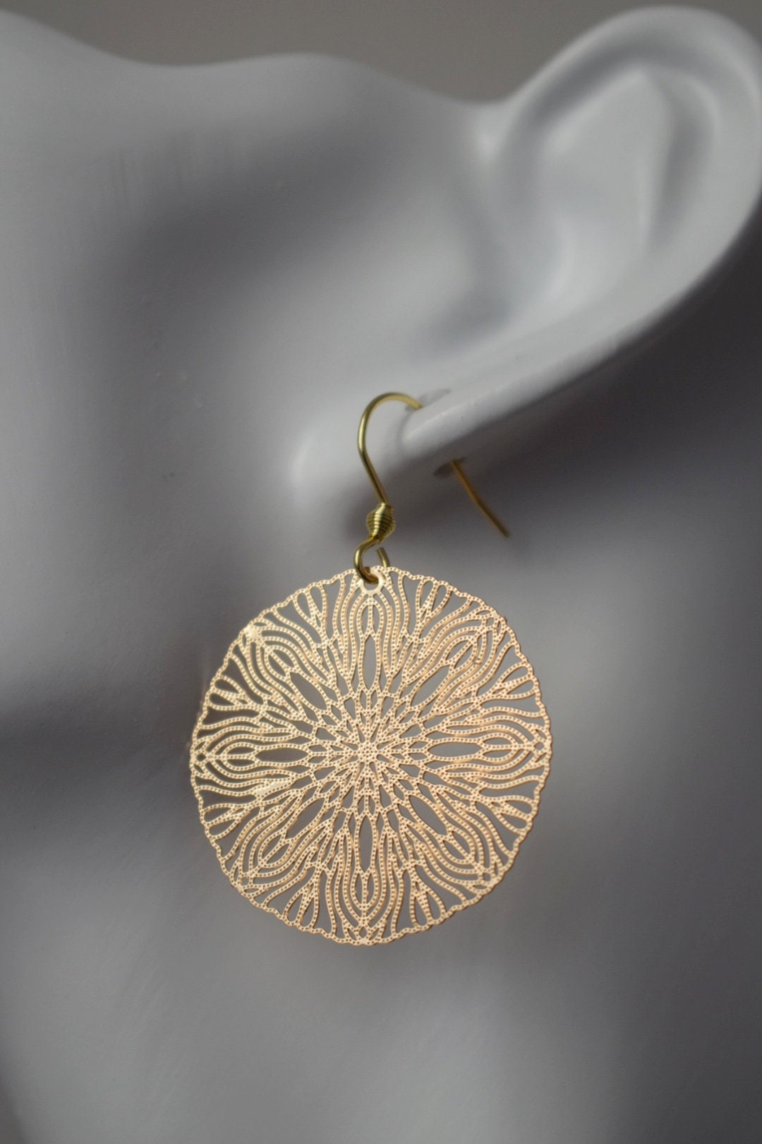 Ornament necklace for women, Mandala earrings, Stainless steel gold plated necklace, Boho filigree pendant, Mandala jewelry, Gift for her