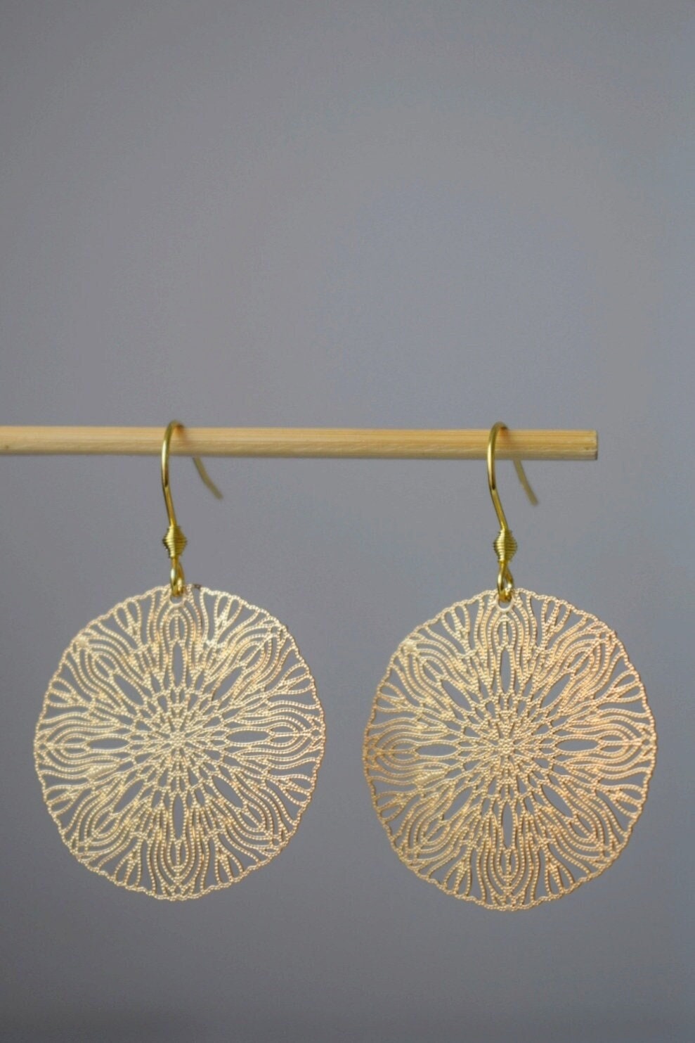 Ornament necklace for women, Mandala earrings, Stainless steel gold plated necklace, Boho filigree pendant, Mandala jewelry, Gift for her