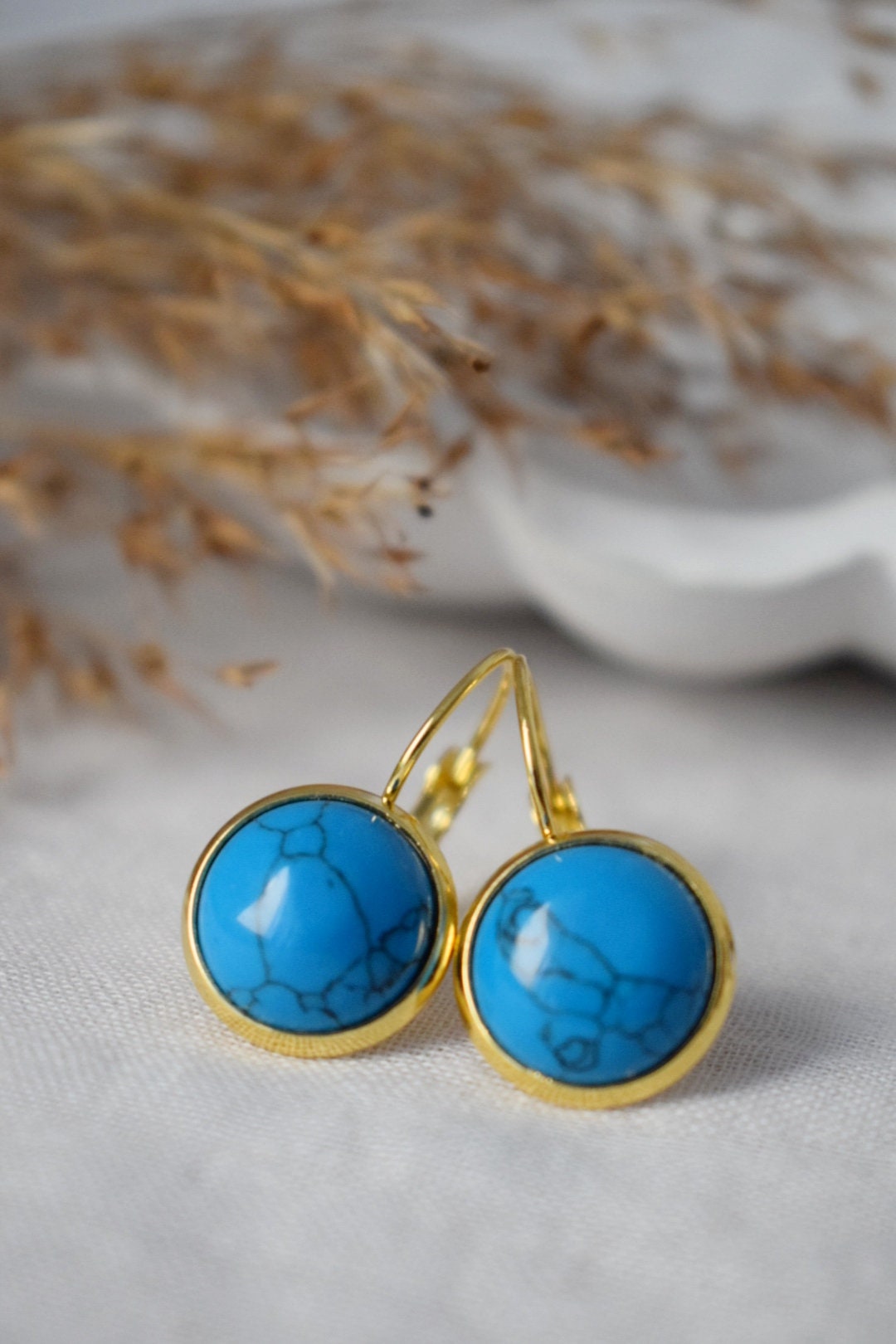 Türkisfarbene Ohrringe, Runde blaue Edelsteinohrringe, Dunkelblau, 18 Karat vergoldeter Edelstahl, Schmuckgeschenk für Frauen, Muttertag