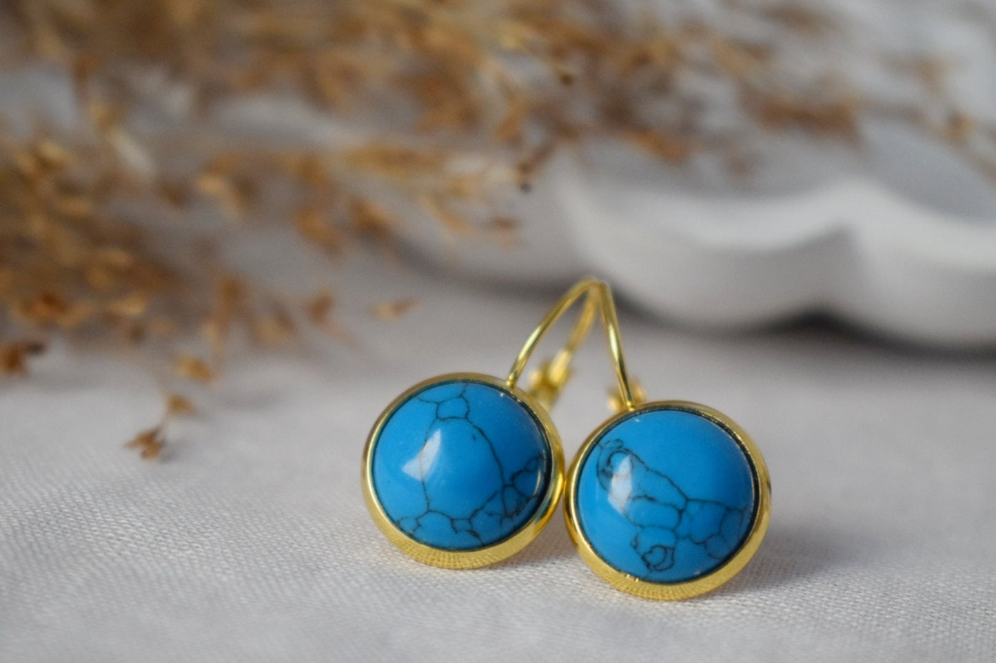 Türkisfarbene Ohrringe, Runde blaue Edelsteinohrringe, Dunkelblau, 18 Karat vergoldeter Edelstahl, Schmuckgeschenk für Frauen, Muttertag