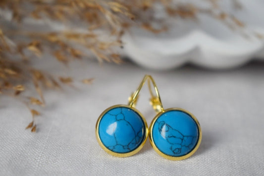 Türkisfarbene Ohrringe, Runde blaue Edelsteinohrringe, Dunkelblau, 18 Karat vergoldeter Edelstahl, Schmuckgeschenk für Frauen, Muttertag