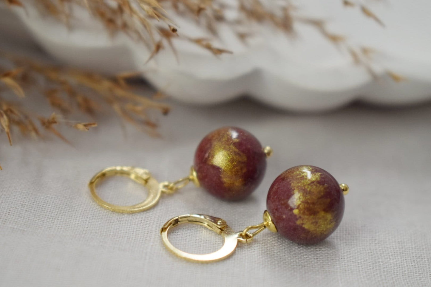 Wine red jade earrings, Jade bead hoops, Gemstone huggies, Burgundy earrings for women, Jade bead with gold foil, Pearl hoops, Gift jewelry