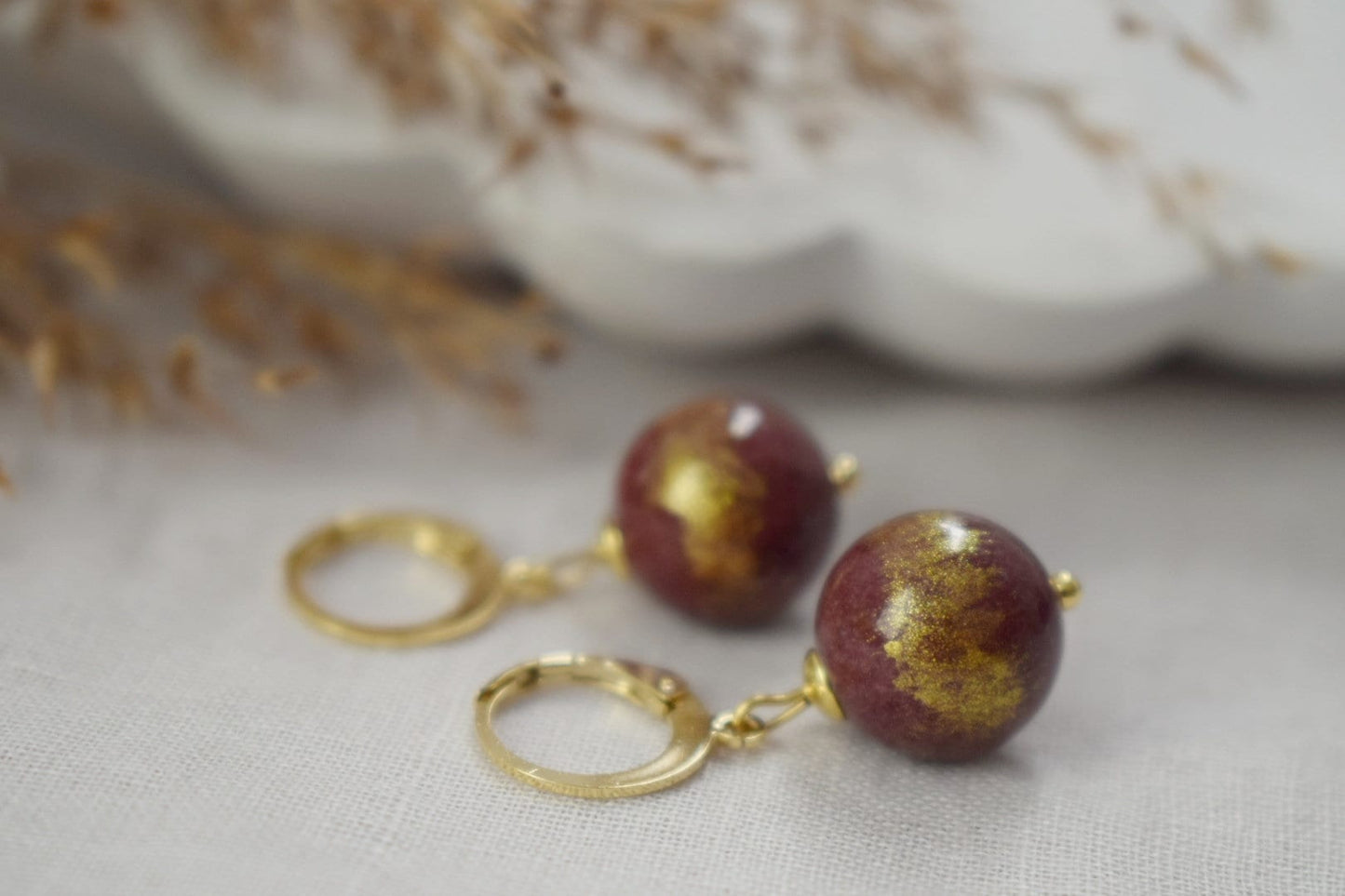 Wine red jade earrings, Jade bead hoops, Gemstone huggies, Burgundy earrings for women, Jade bead with gold foil, Pearl hoops, Gift jewelry