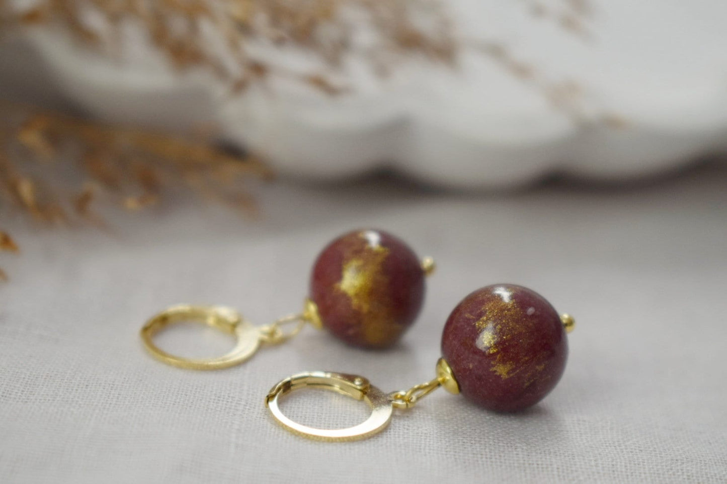Wine red jade earrings, Jade bead hoops, Gemstone huggies, Burgundy earrings for women, Jade bead with gold foil, Pearl hoops, Gift jewelry