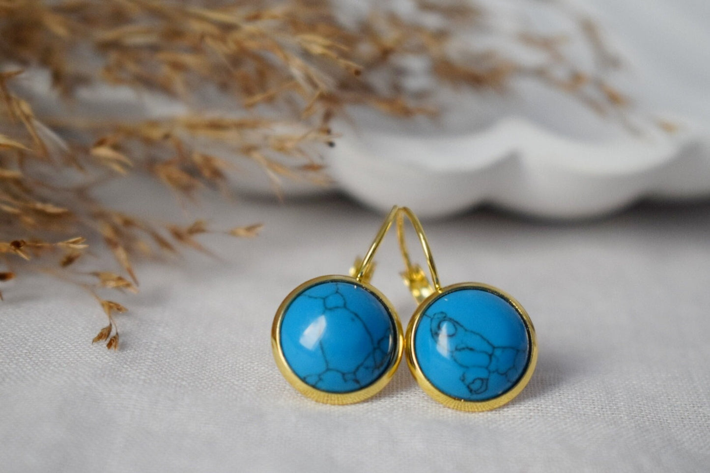 Türkisfarbene Ohrringe, Runde blaue Edelsteinohrringe, Dunkelblau, 18 Karat vergoldeter Edelstahl, Schmuckgeschenk für Frauen, Muttertag