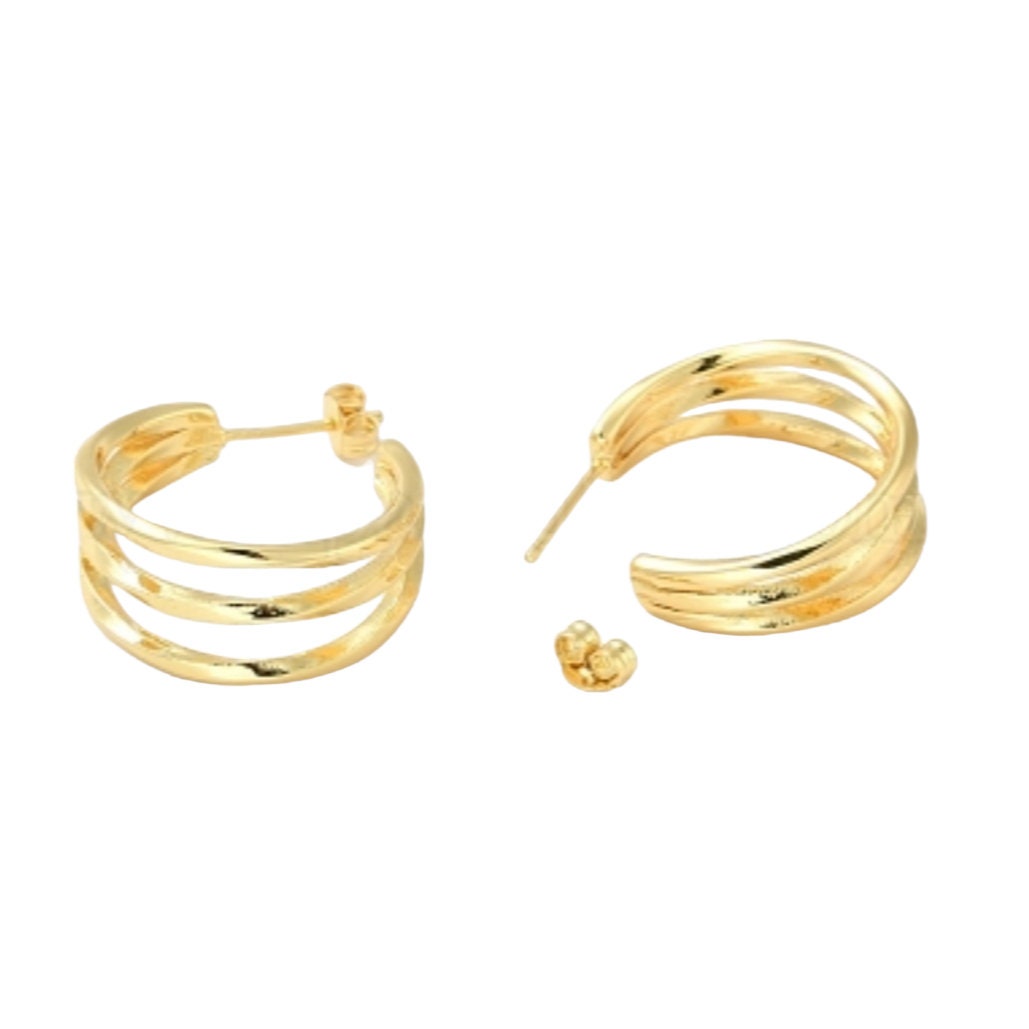 Dreilagige Ohrringe, 18 Karat vergoldete dreireihige Ohrstecker, Statement Chunky Half Hoops für Frauen, Boho Modern Ohrringe, Geschenk für Sie