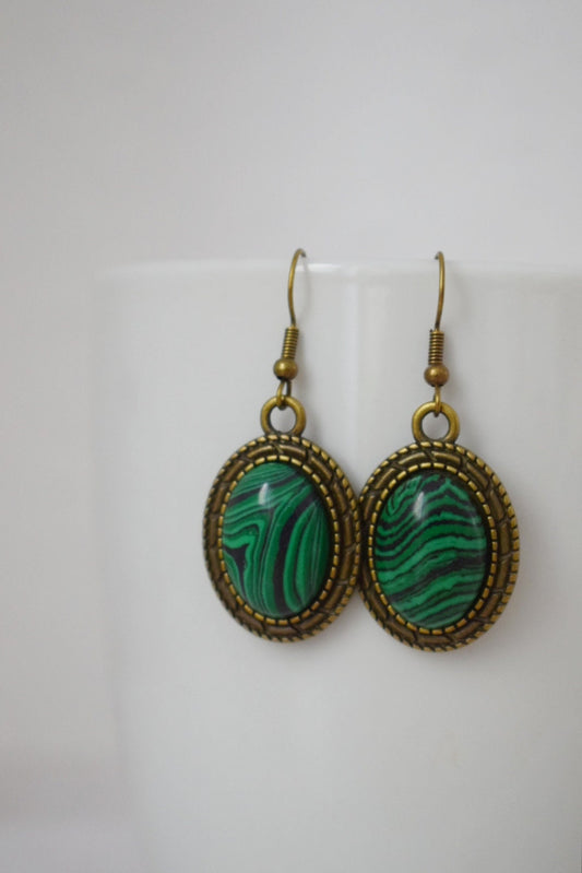 Vintage Malachit Ohrringe, Ovale grüne Edelstein Ohrringe, Lange Statement Filigrane Ohrringe, Malachit Schmuck, Geschenk für Frauen