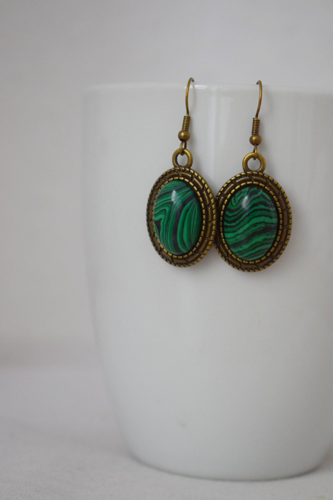 Vintage malachite earrings dangle, Oval green gemstone hanging earrings, Long statement filigree earrings, Malachite jewelry, Gift for women