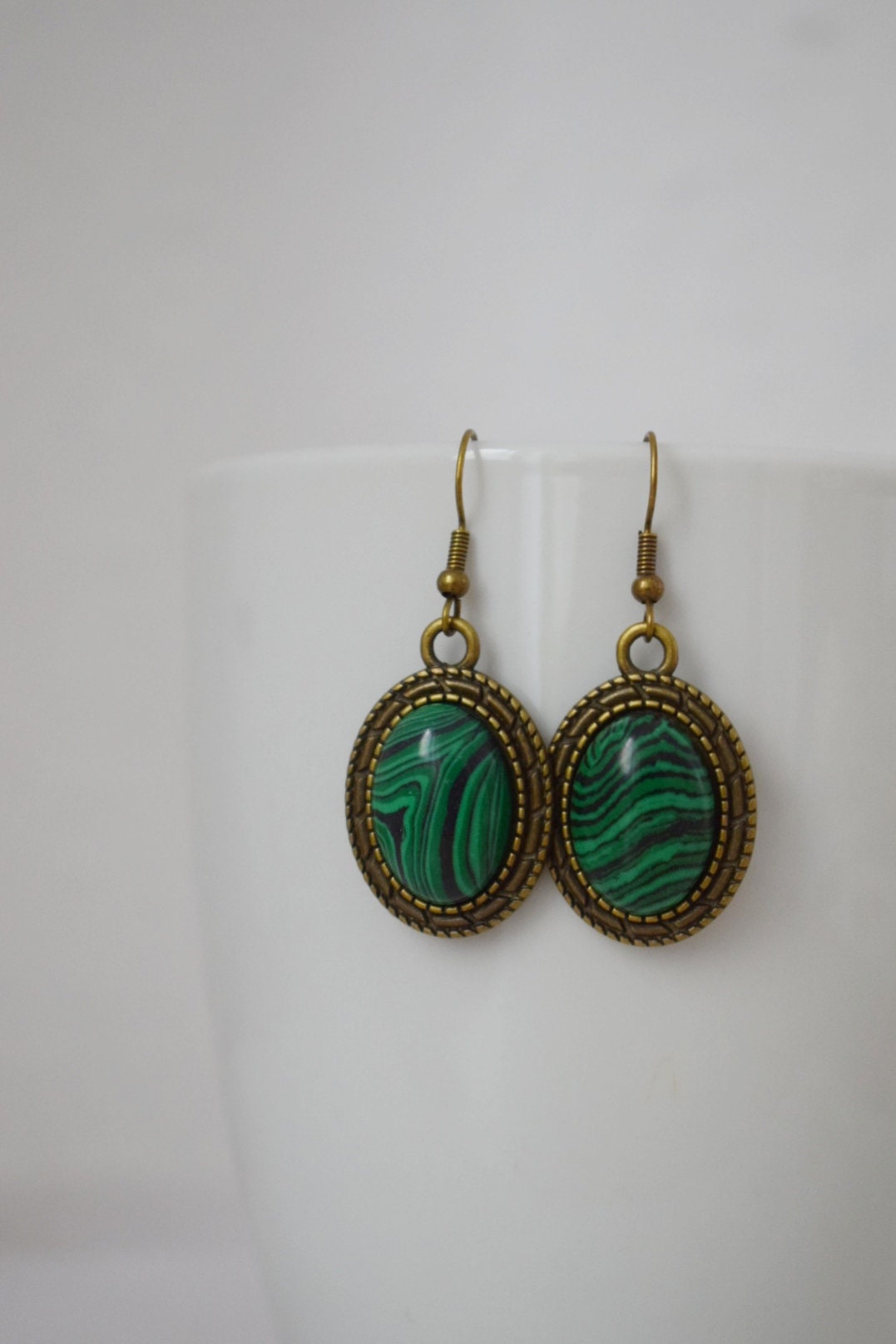 Vintage malachite earrings dangle, Oval green gemstone hanging earrings, Long statement filigree earrings, Malachite jewelry, Gift for women