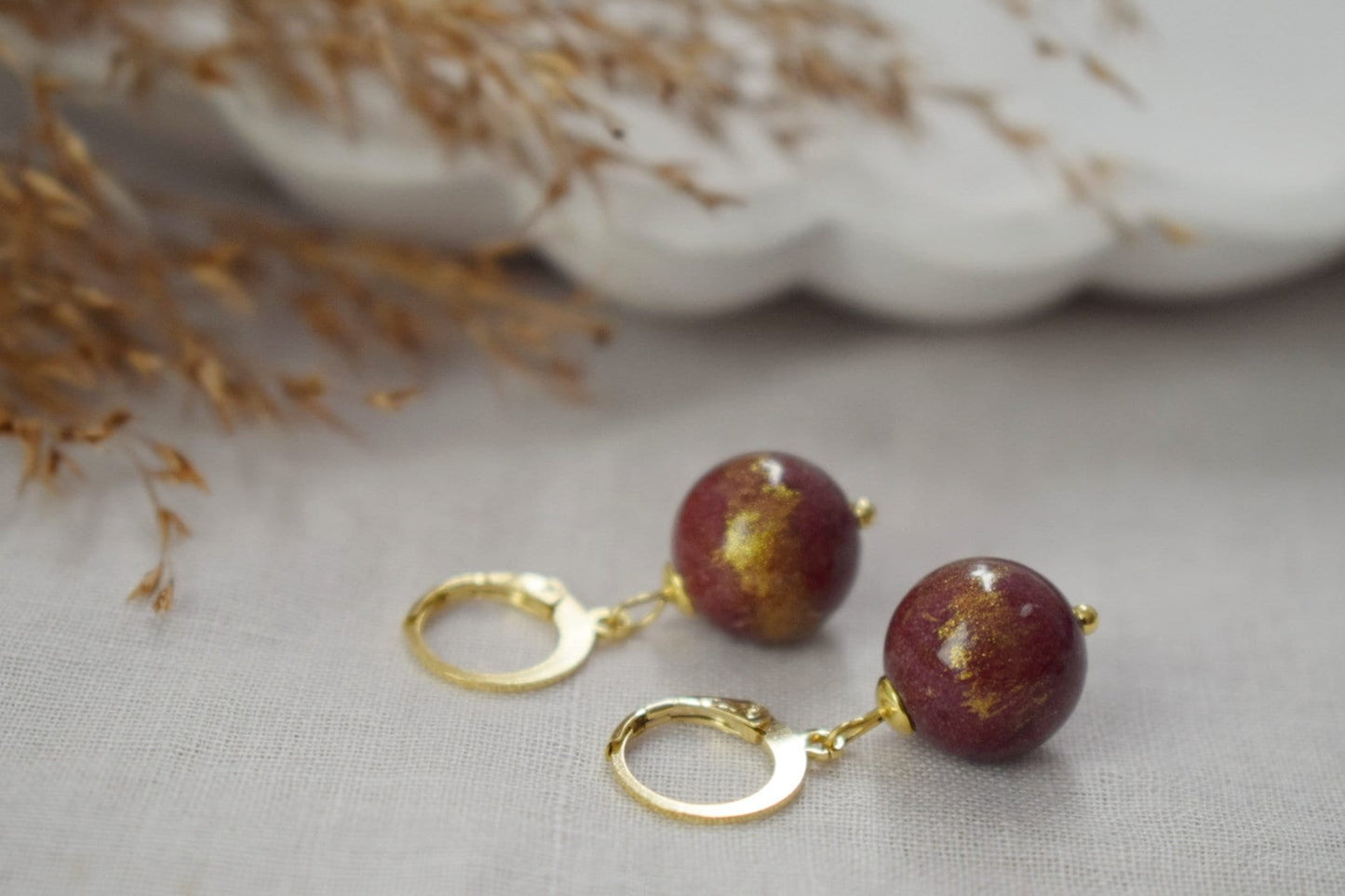 Wine red jade earrings, Jade bead hoops, Gemstone huggies, Burgundy earrings for women, Jade bead with gold foil, Pearl hoops, Gift jewelry